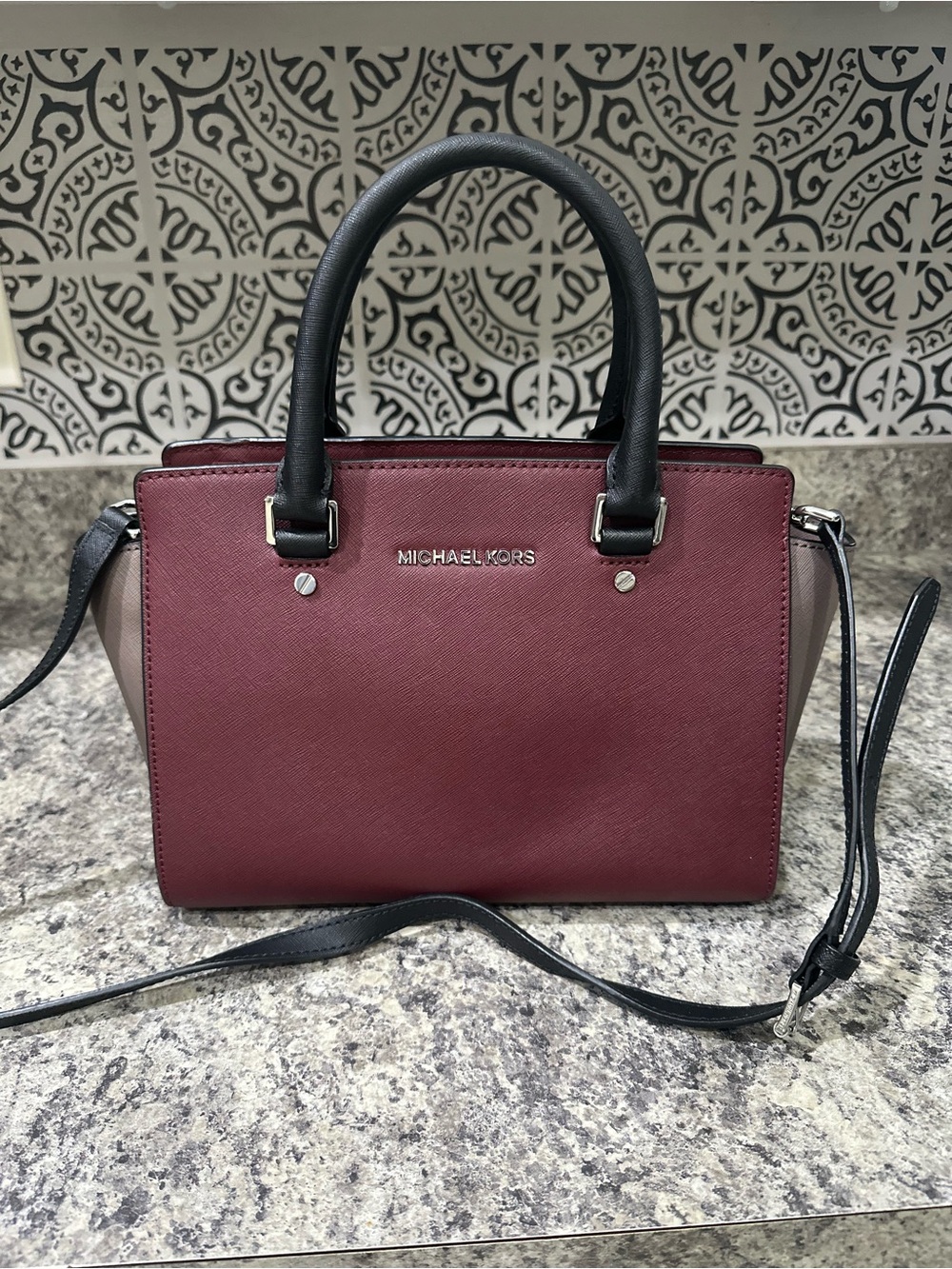 Michael Kors Selma Medium Merlot Saffiano Leather Satchel Crossbody Purse New